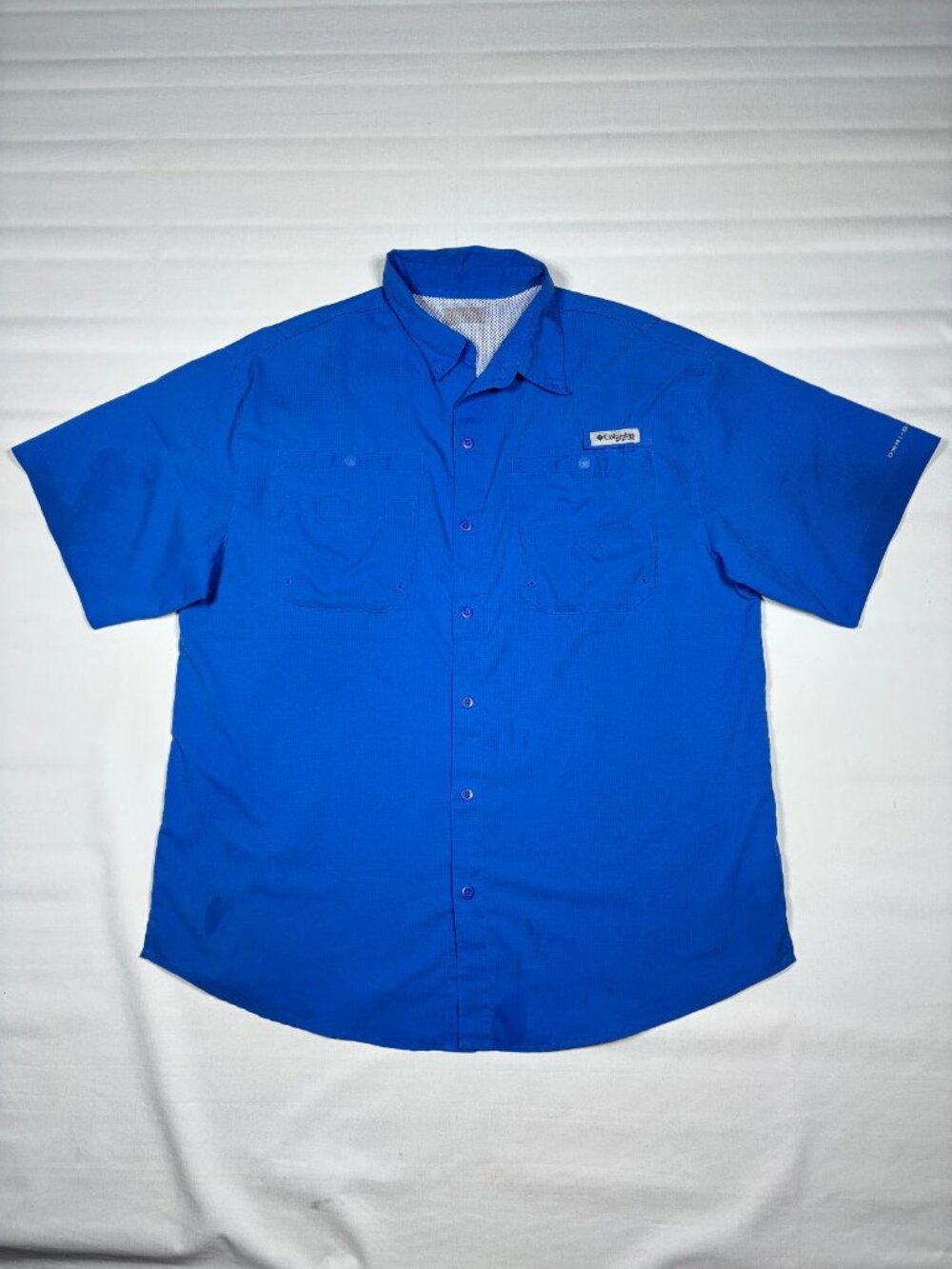 Columbia PFG Mens Large Short Sleeve Fishing Shirt Blue Vented Omni Shade Tech